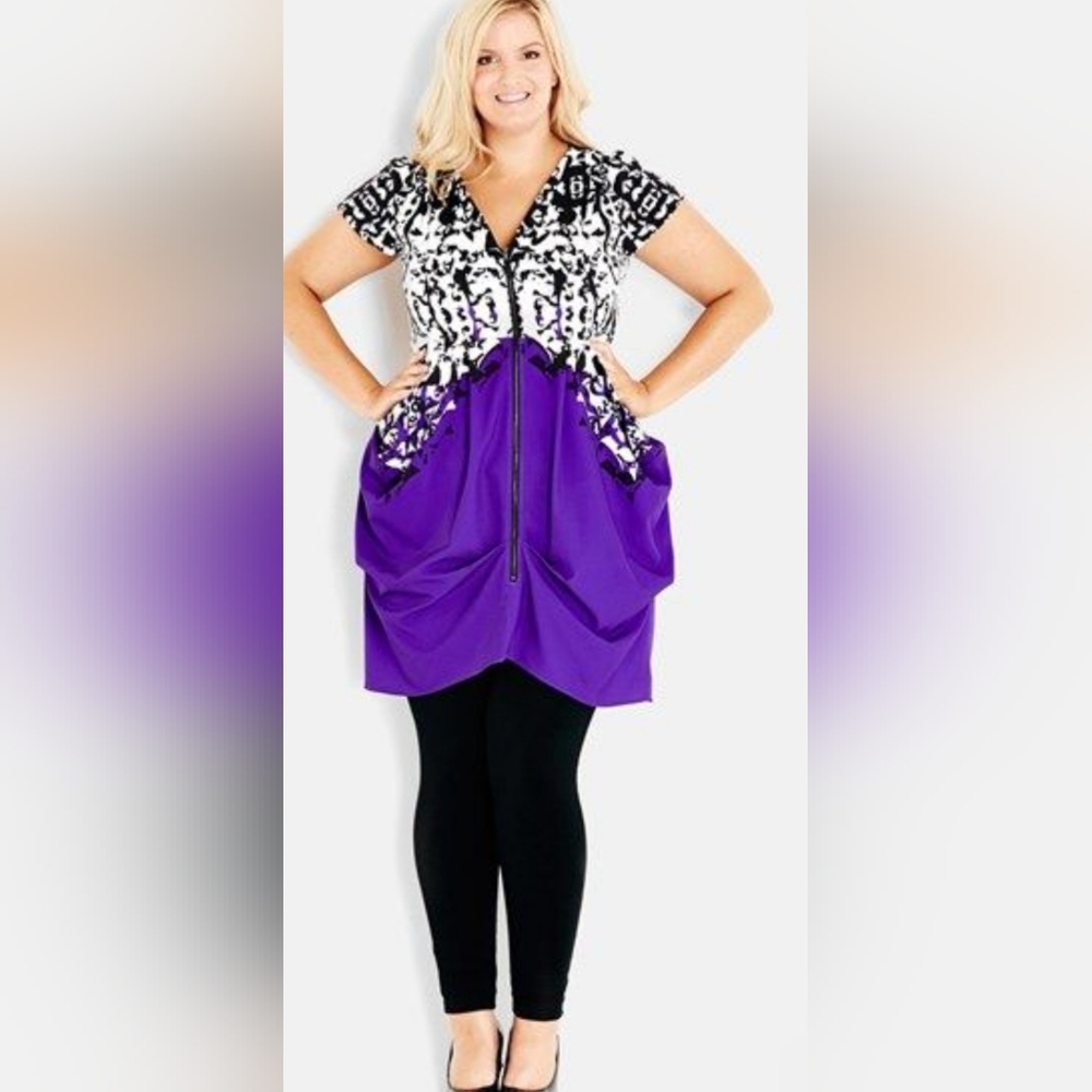 City Chic Black and White Printed Top with Purple Skirt Panel